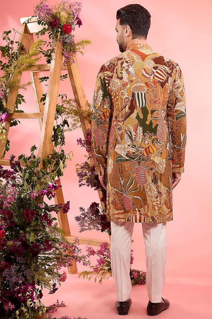 Peach Crepe Silk Embroidered Kurta by Kasbah Clothing at Pernia's Pop Up Shop