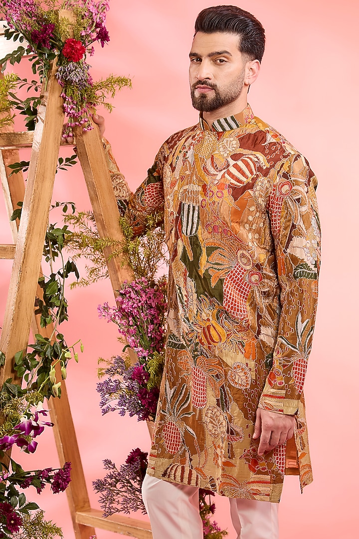 Peach Crepe Silk Embroidered Kurta by Kasbah Clothing at Pernia's Pop Up Shop