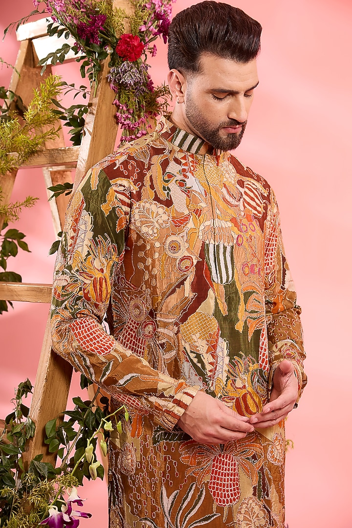 Peach Crepe Silk Embroidered Kurta by Kasbah Clothing at Pernia's Pop Up Shop
