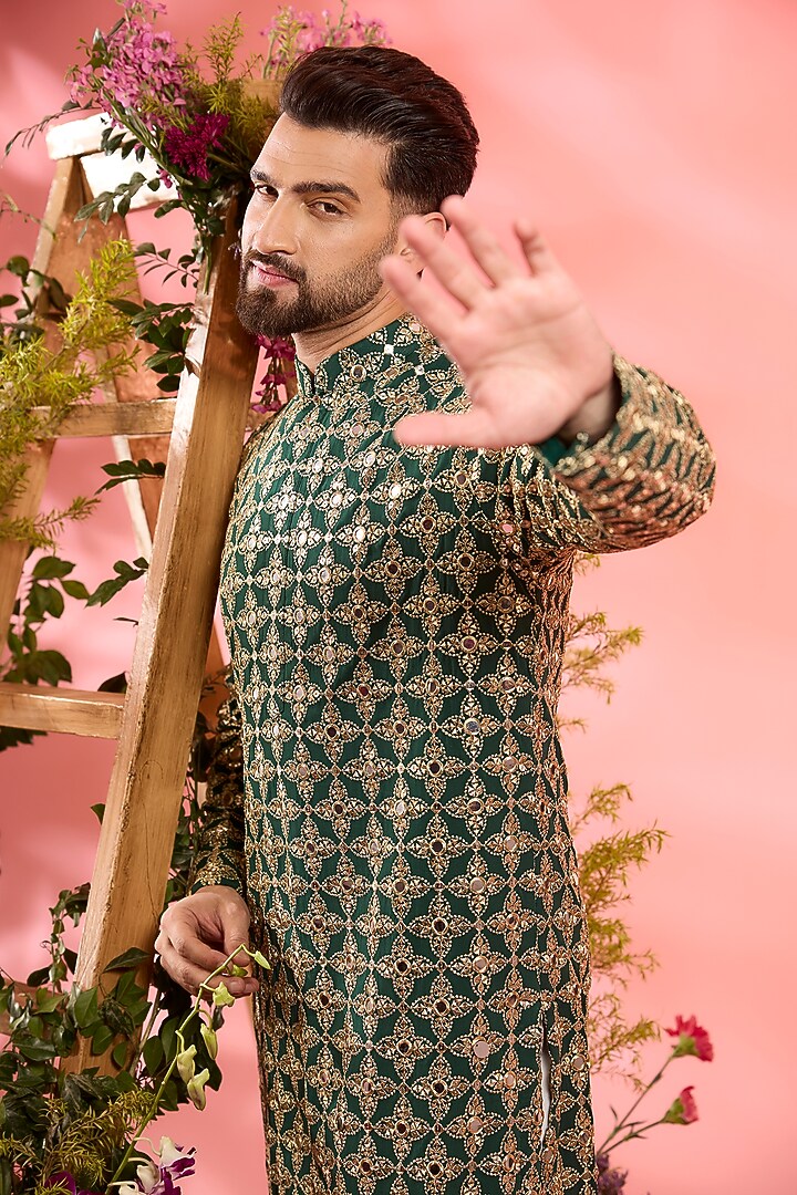 Bottle Green Georgette Mirror Work Kurta by Kasbah Clothing at Pernia's Pop Up Shop