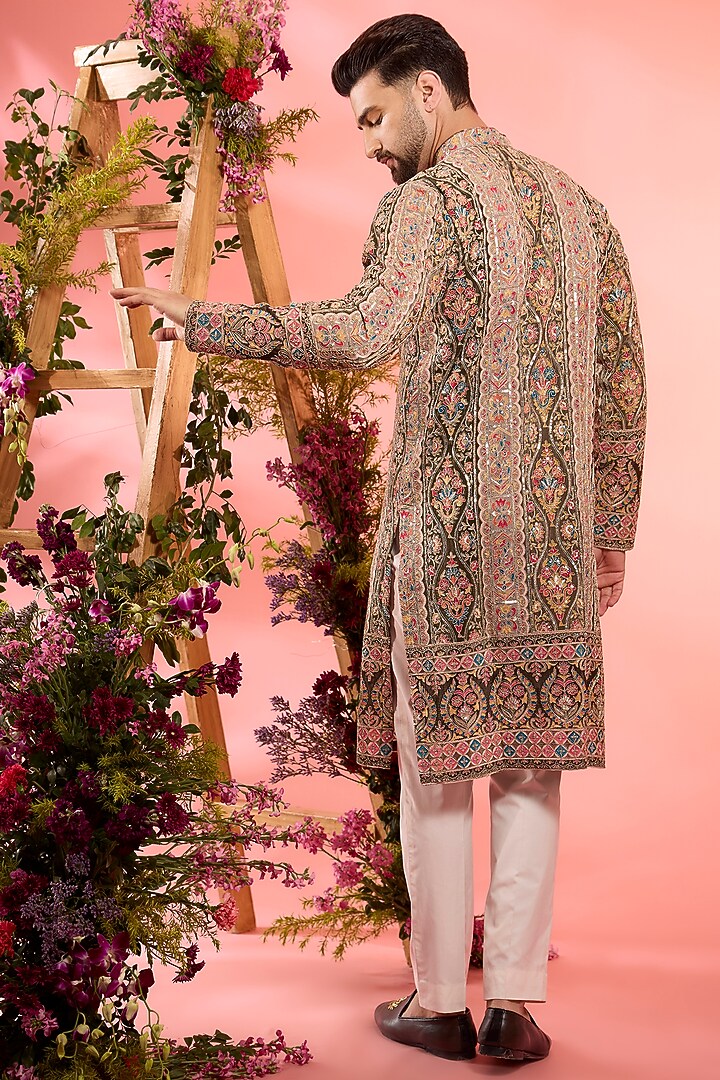 Green Crepe Floral Embroidered Chikankari Kurta by Kasbah Clothing at Pernia's Pop Up Shop