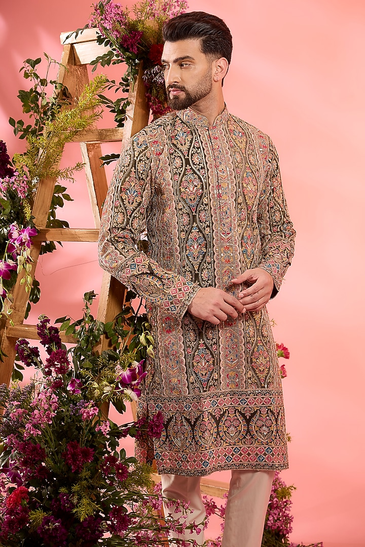 Green Crepe Floral Embroidered Chikankari Kurta by Kasbah Clothing at Pernia's Pop Up Shop