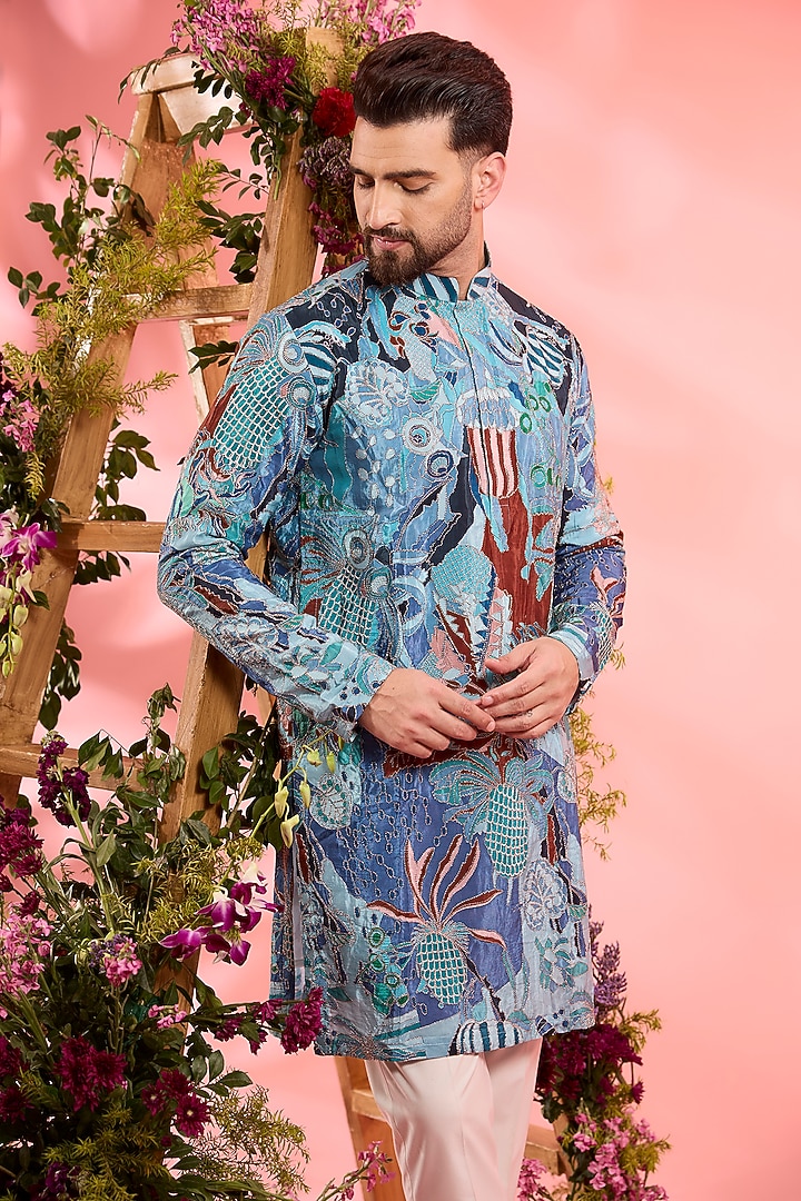 Ice Blue Crepe Silk Zari Work Kurta by Kasbah Clothing at Pernia's Pop Up Shop