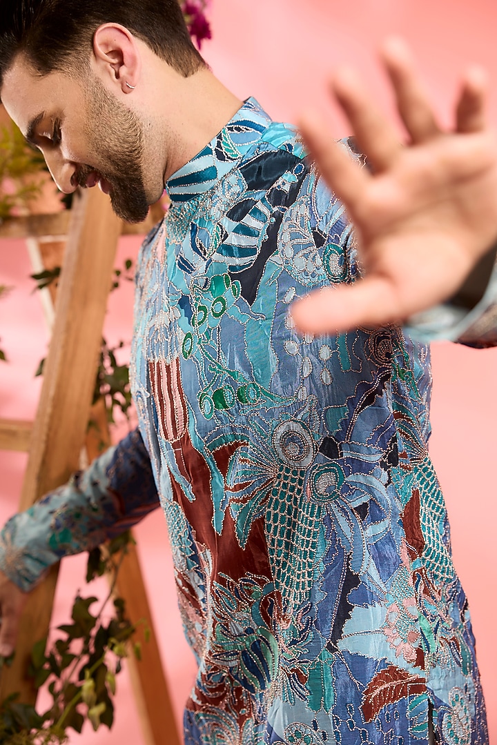 Ice Blue Crepe Silk Zari Work Kurta by Kasbah Clothing at Pernia's Pop Up Shop