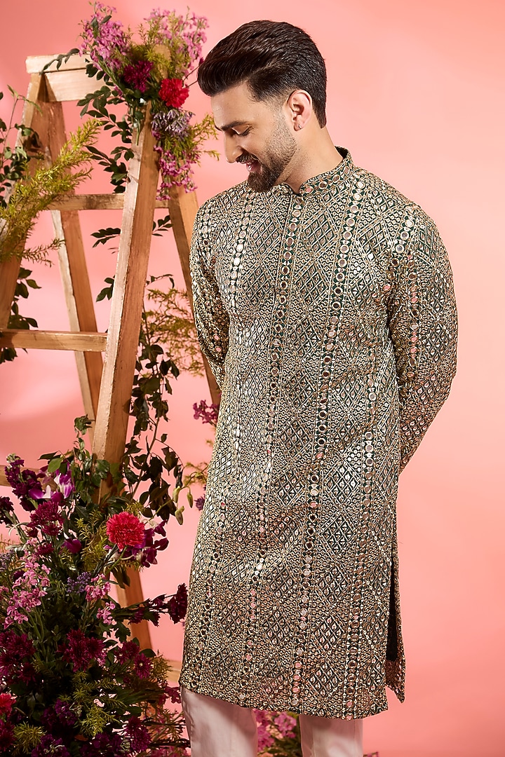 Green Georgette Mirror Work Kurta by Kasbah Clothing at Pernia's Pop Up Shop