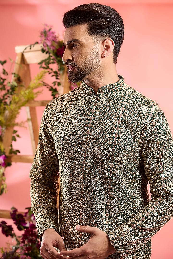 Green Georgette Mirror Work Kurta by Kasbah Clothing at Pernia's Pop Up Shop