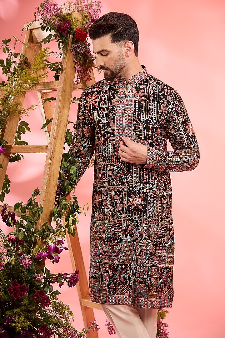 Black Georgette Mirror Work Kurta by Kasbah Clothing at Pernia's Pop Up Shop