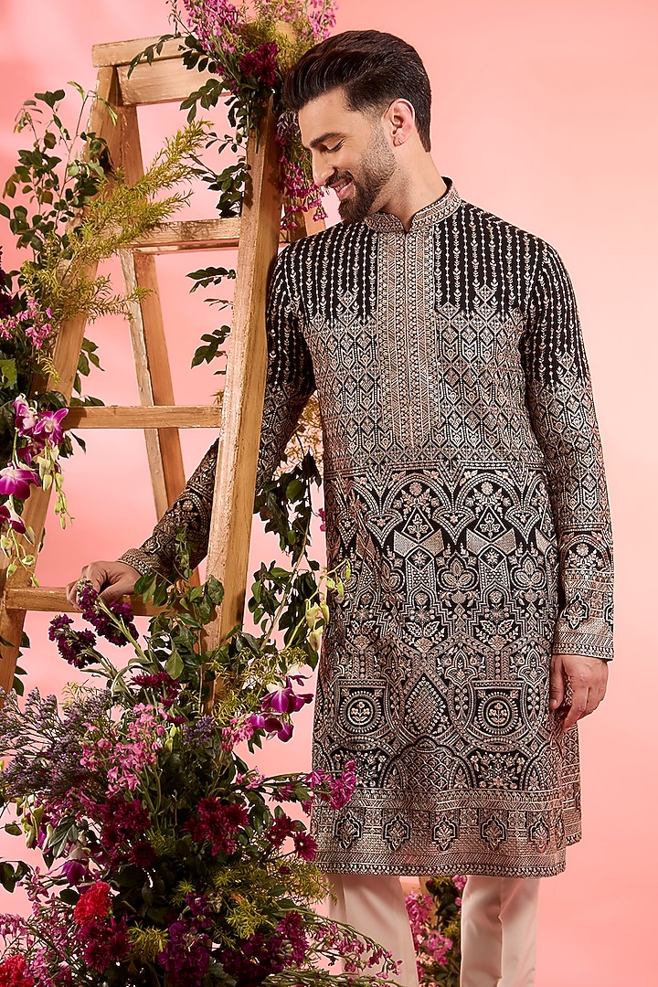 Black Georgette Sequins Work Chikankari Kurta by Kasbah Clothing at Pernia's Pop Up Shop