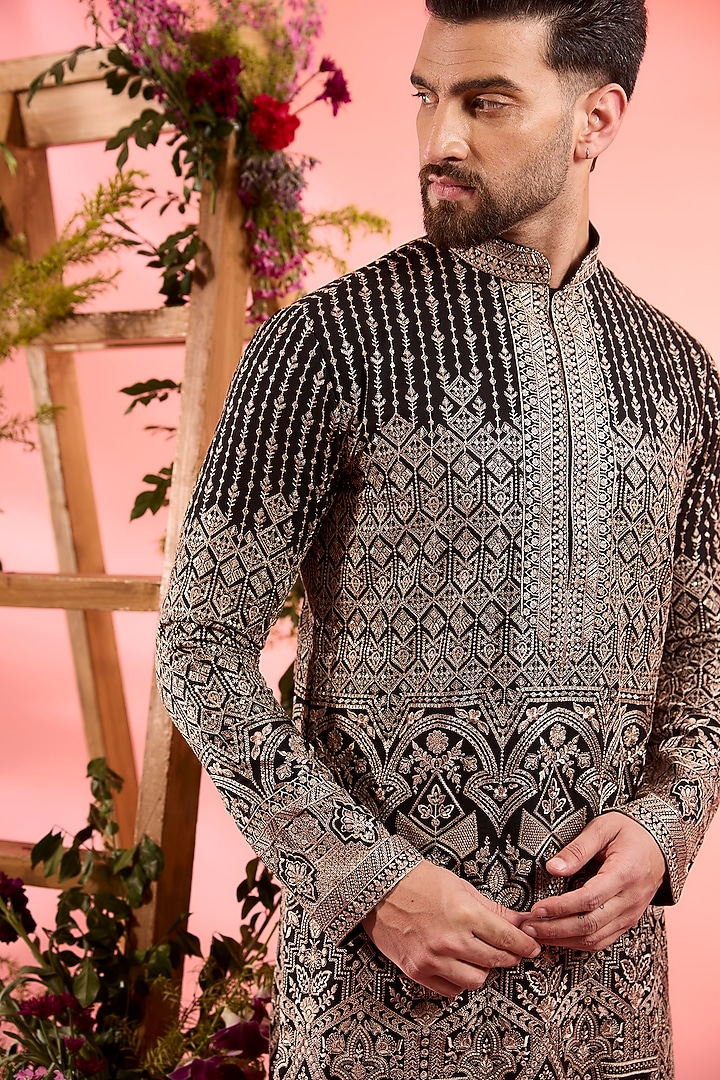 Black Georgette Sequins Work Chikankari Kurta by Kasbah Clothing at Pernia's Pop Up Shop