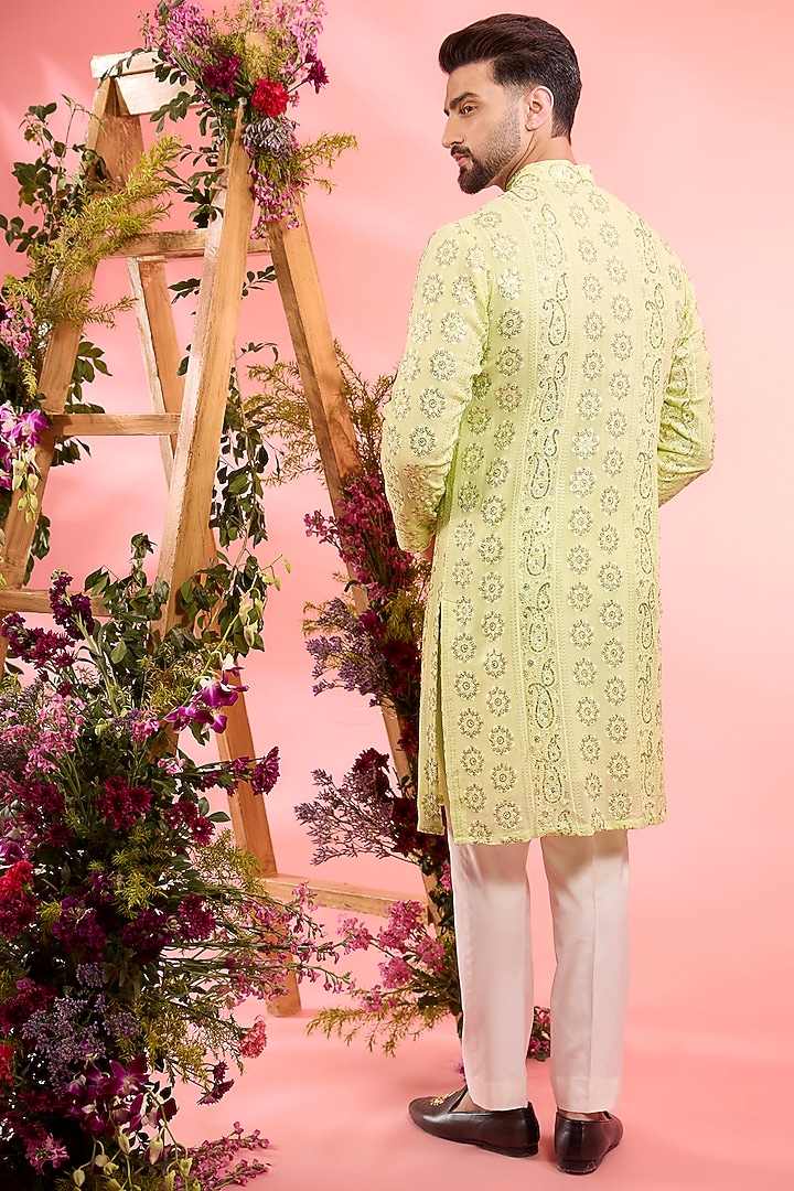 Yellow Georgette Sequins Work Chikankari Kurta by Kasbah Clothing at Pernia's Pop Up Shop