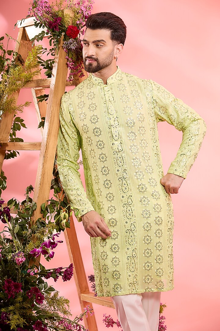 Yellow Georgette Sequins Work Chikankari Kurta by Kasbah Clothing at Pernia's Pop Up Shop
