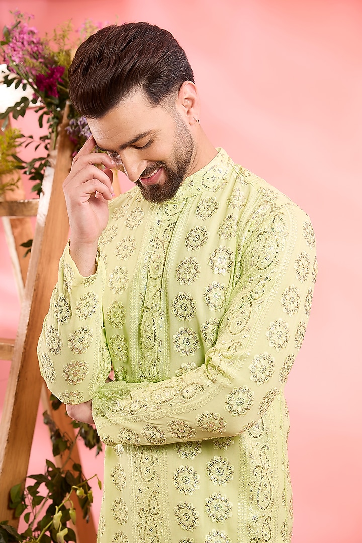 Yellow Georgette Sequins Work Chikankari Kurta by Kasbah Clothing at Pernia's Pop Up Shop