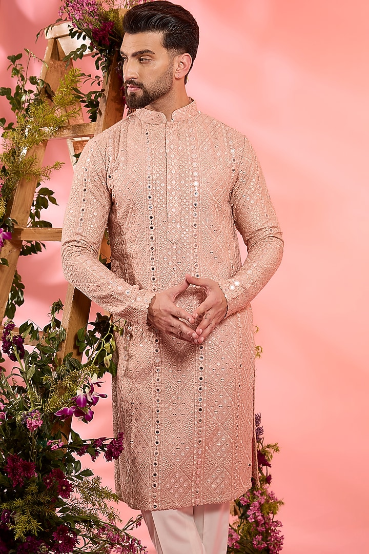 Peach Silk Sequins Embroidered Kurta by Kasbah Clothing at Pernia's Pop Up Shop