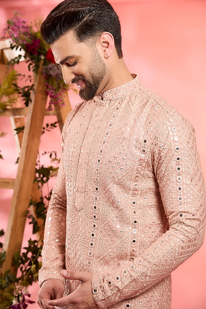 Peach Silk Sequins Embroidered Kurta by Kasbah Clothing at Pernia's Pop Up Shop