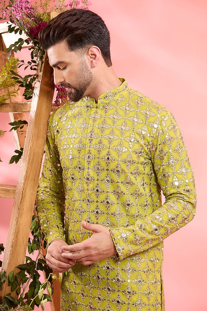 Neon Yellow Georgette Mirror Work Kurta by Kasbah Clothing at Pernia's Pop Up Shop