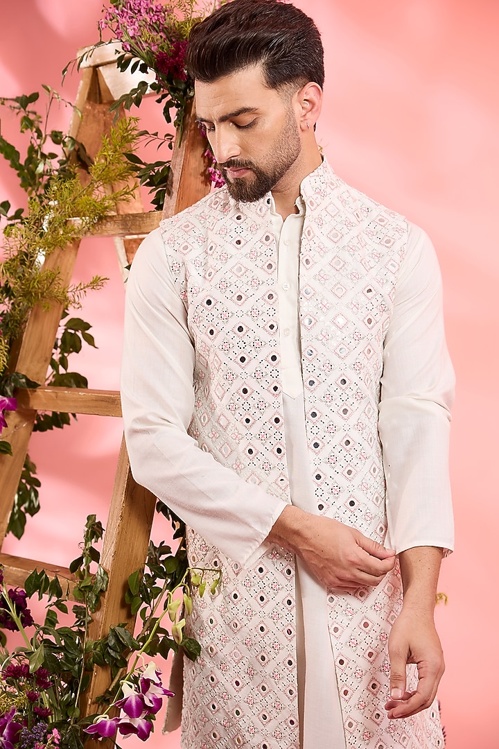 Ivory Silk Mirror Work Open Indowestern Jacket by Kasbah Clothing at Pernia's Pop Up Shop