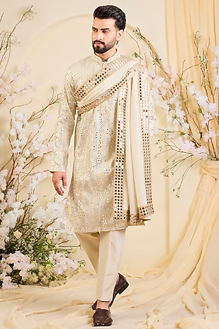 Gold Tissue Mirror Work Kurta With Dupatta by Kasbah Clothing