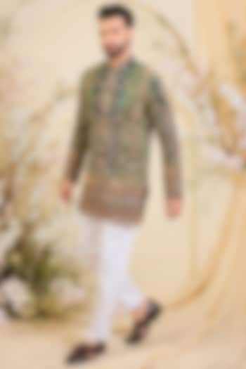 Green Crepe Printed & Zari Work Short Kurta by Kasbah Clothing at Pernia's Pop Up Shop
