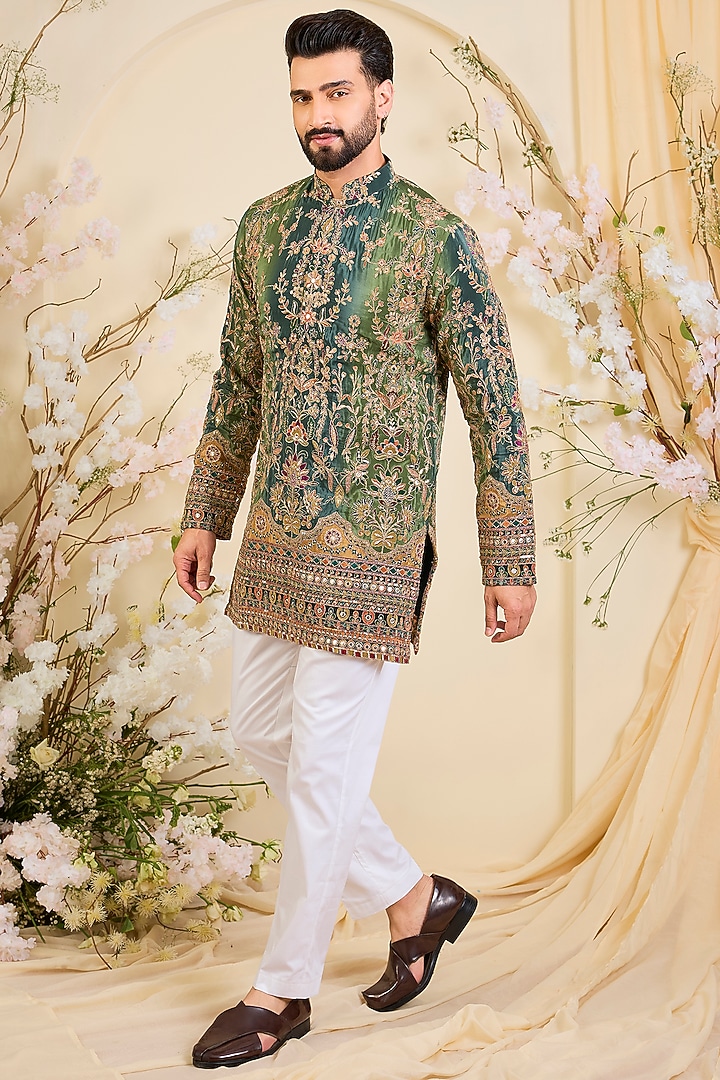Green Crepe Printed & Zari Work Short Kurta by Kasbah Clothing at Pernia's Pop Up Shop