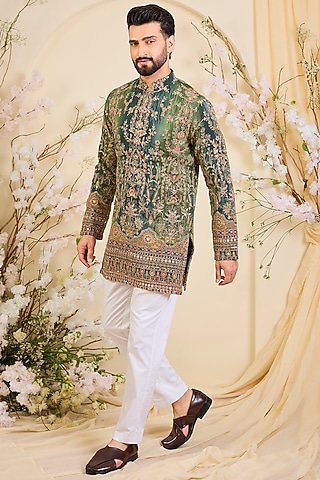 Green Crepe Printed & Zari Work Short Kurta by Kasbah Clothing