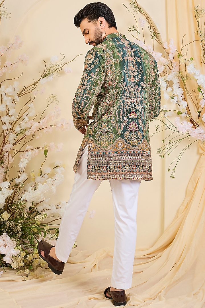 Green Crepe Printed & Zari Work Short Kurta by Kasbah Clothing at Pernia's Pop Up Shop