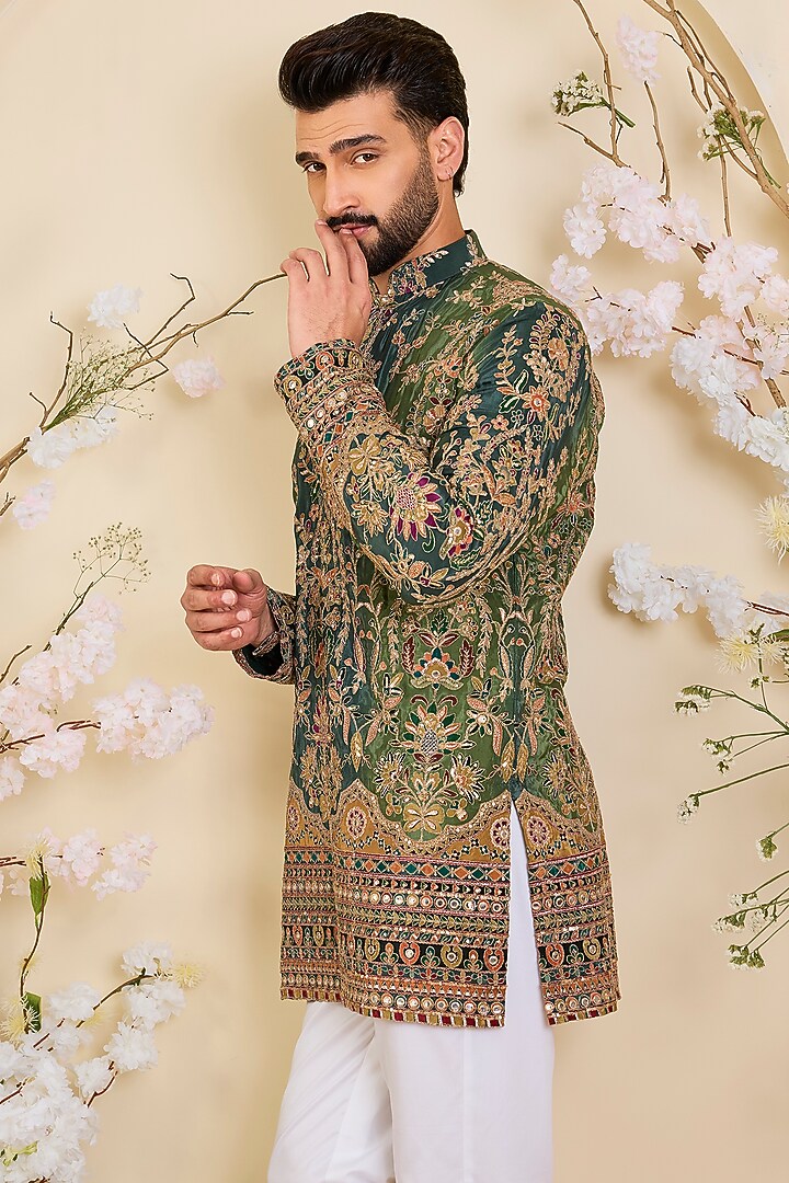 Green Crepe Printed & Zari Work Short Kurta by Kasbah Clothing at Pernia's Pop Up Shop