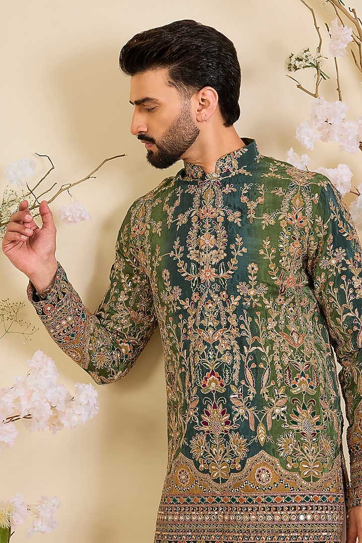 Green Crepe Printed & Zari Work Short Kurta by Kasbah Clothing at Pernia's Pop Up Shop