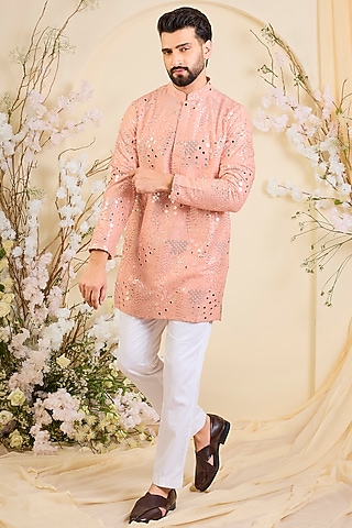 Peach Silk Mirror Work Short Kurta by Kasbah Clothing