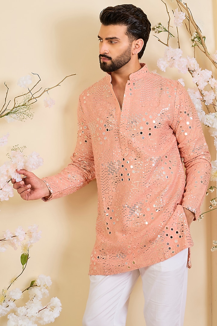 Peach Silk Mirror Work Short Kurta by Kasbah Clothing at Pernia's Pop Up Shop