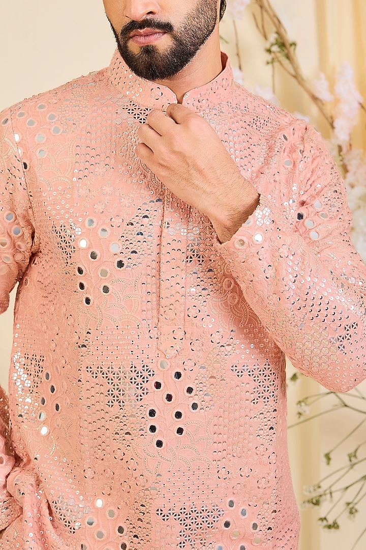 Peach Silk Mirror Work Short Kurta by Kasbah Clothing at Pernia's Pop Up Shop