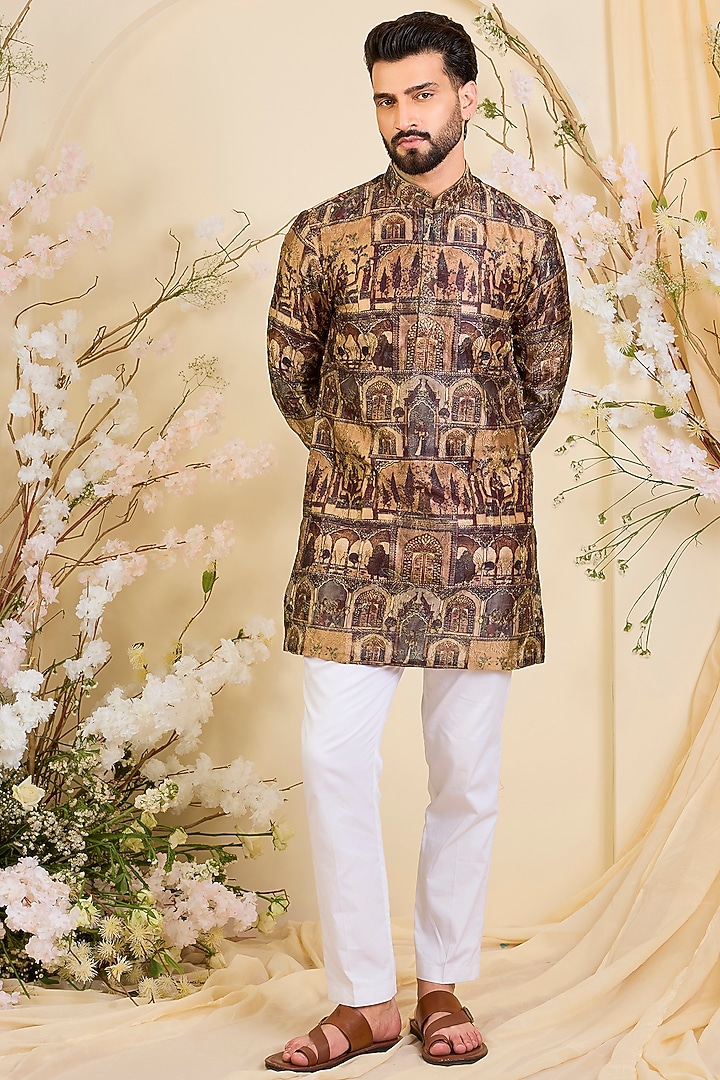 Multi-Colored Poly Tussar Silk Printed & Aari Embroidered Short Kurta by Kasbah Clothing at Pernia's Pop Up Shop