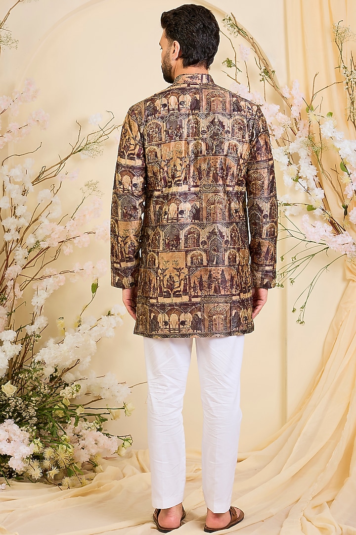 Multi-Colored Poly Tussar Silk Printed & Aari Embroidered Short Kurta by Kasbah Clothing at Pernia's Pop Up Shop