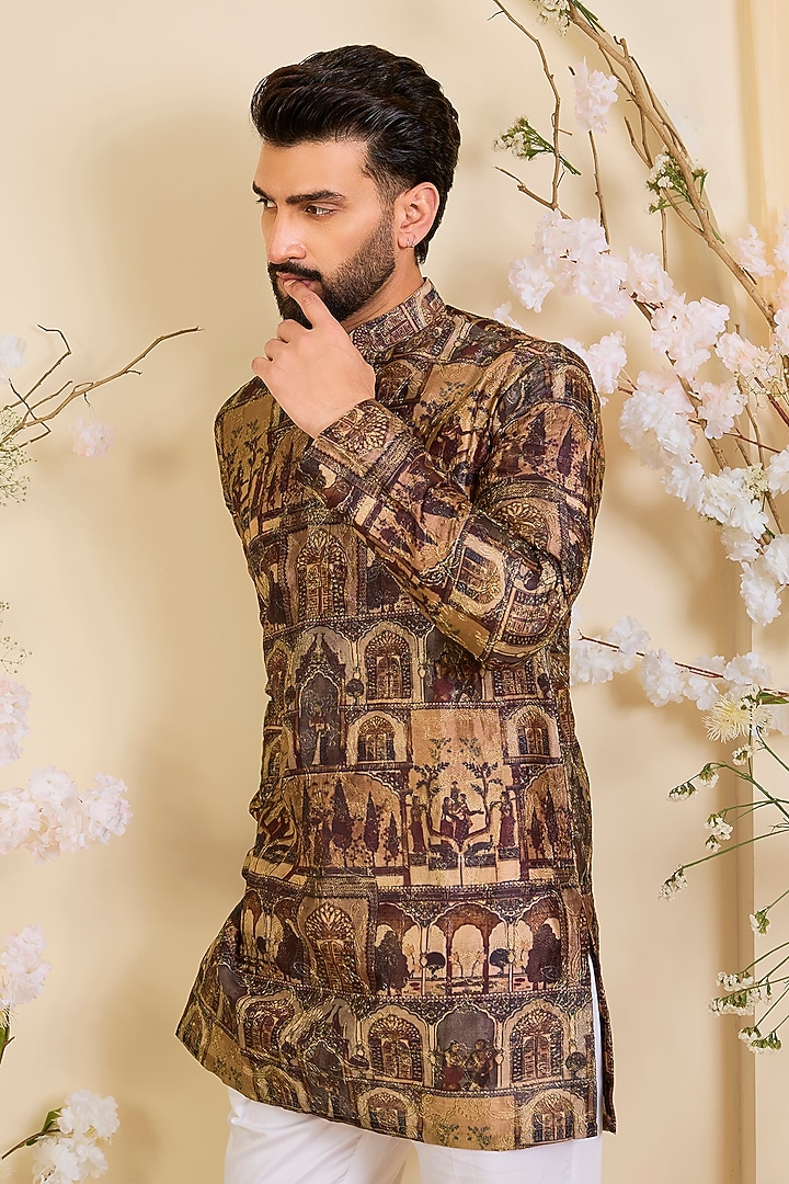 Multi-Colored Poly Tussar Silk Printed & Aari Embroidered Short Kurta by Kasbah Clothing at Pernia's Pop Up Shop