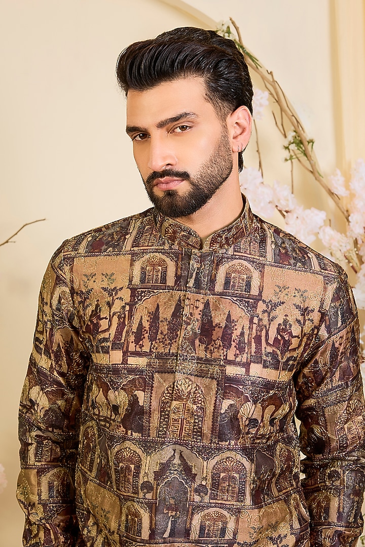 Multi-Colored Poly Tussar Silk Printed & Aari Embroidered Short Kurta by Kasbah Clothing at Pernia's Pop Up Shop