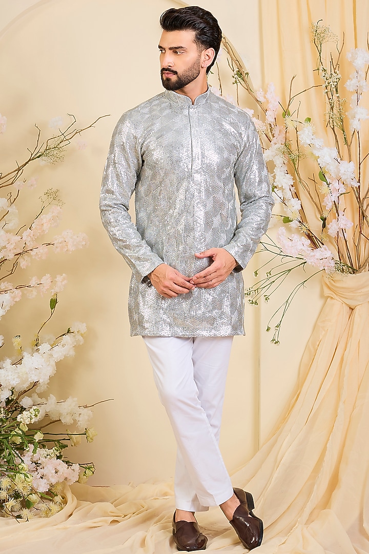 Silver Georgette Zari Work Short Kurta by Kasbah Clothing at Pernia's Pop Up Shop