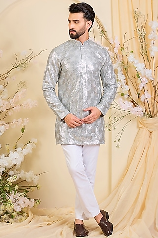 Silver Georgette Zari Work Short Kurta by Kasbah Clothing