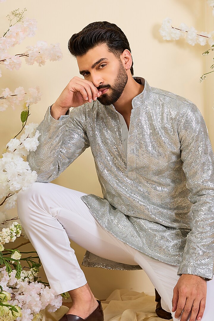 Silver Georgette Zari Work Short Kurta by Kasbah Clothing at Pernia's Pop Up Shop
