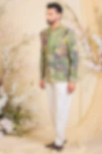 Green Crepe Printed Wedding Bandhgala by Kasbah Clothing at Pernia's Pop Up Shop