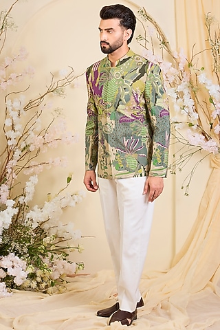 Green Crepe Printed Bandhgala by Kasbah Clothing