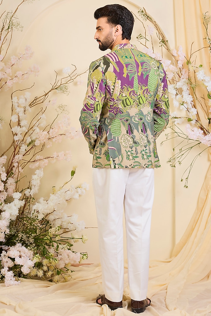 Green Crepe Printed Wedding Bandhgala by Kasbah Clothing at Pernia's Pop Up Shop