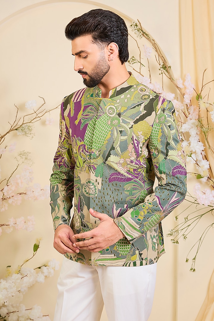 Green Crepe Printed Wedding Bandhgala by Kasbah Clothing at Pernia's Pop Up Shop