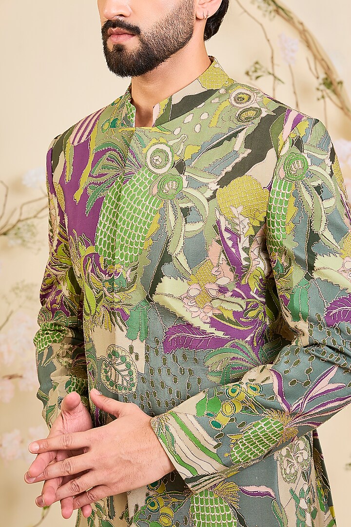 Green Crepe Printed Wedding Bandhgala by Kasbah Clothing at Pernia's Pop Up Shop