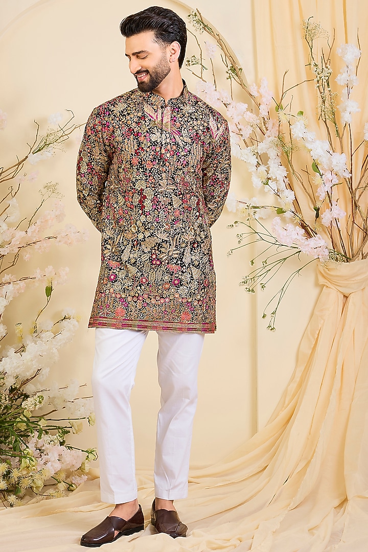 Black Georgette Sequin Embellished Short Kurta by Kasbah Clothing at Pernia's Pop Up Shop