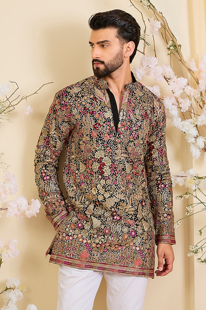 Black Georgette Sequin Embellished Short Kurta by Kasbah Clothing at Pernia's Pop Up Shop
