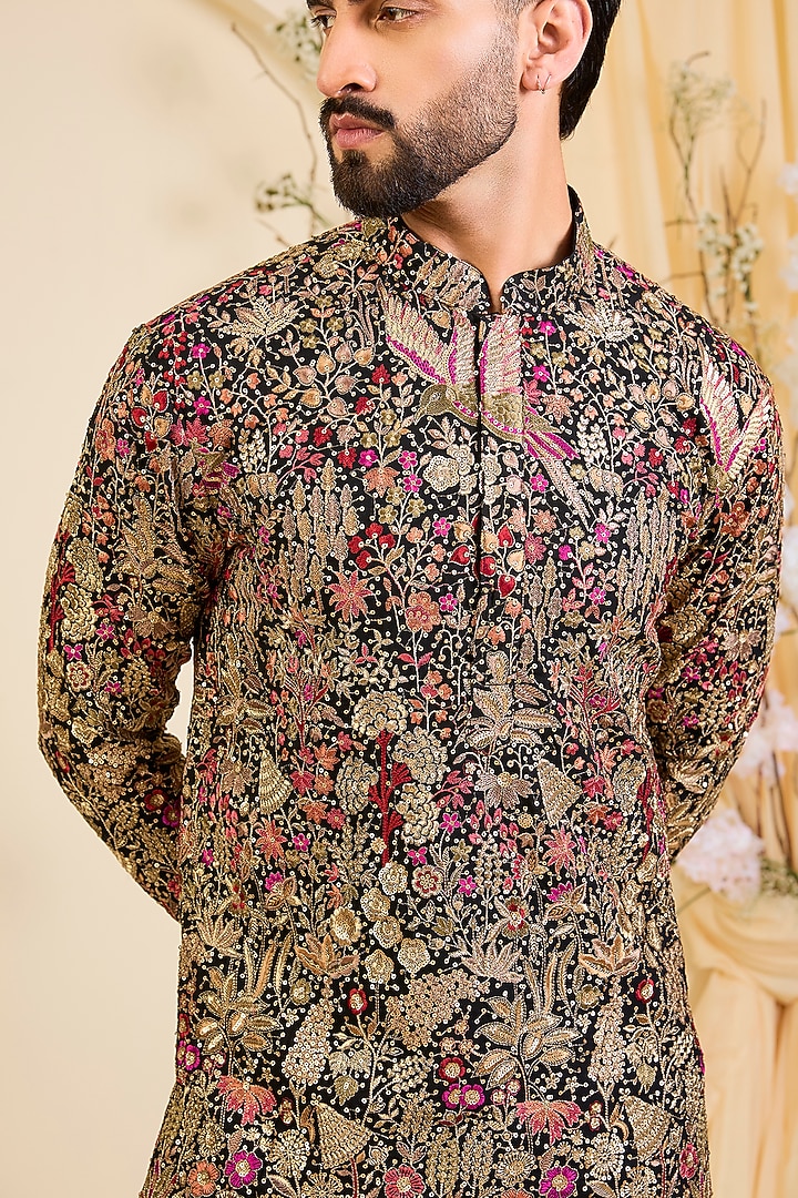 Black Georgette Sequin Embellished Short Kurta by Kasbah Clothing at Pernia's Pop Up Shop