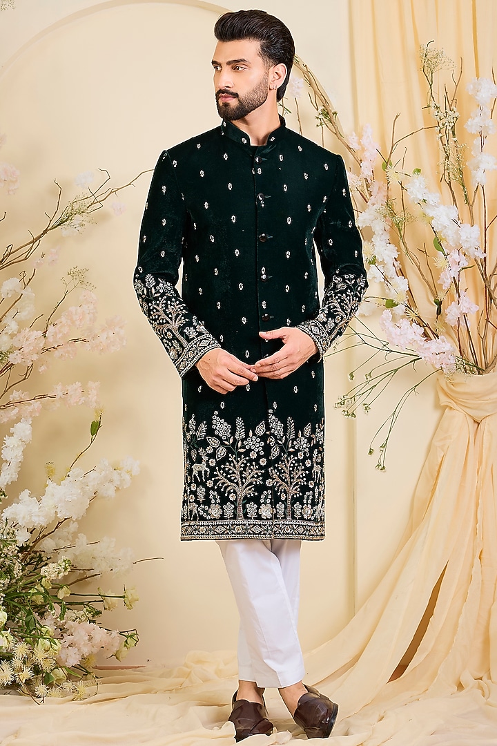 Bottle Green Hand Embroidered Kurta by Kasbah Clothing at Pernia's Pop Up Shop