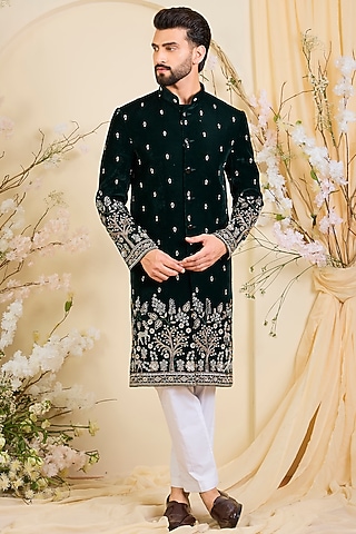 Bottle Green Hand Embroidered Kurta by Kasbah Clothing