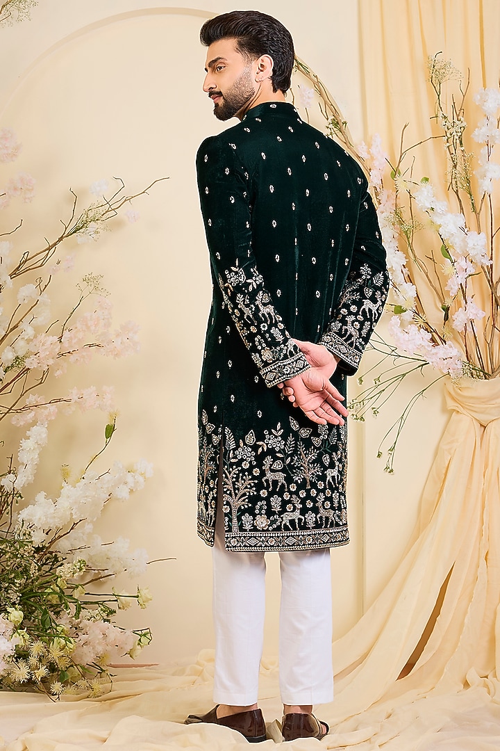 Bottle Green Hand Embroidered Kurta by Kasbah Clothing at Pernia's Pop Up Shop