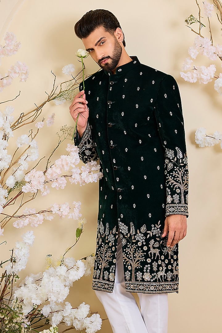Bottle Green Hand Embroidered Kurta by Kasbah Clothing at Pernia's Pop Up Shop