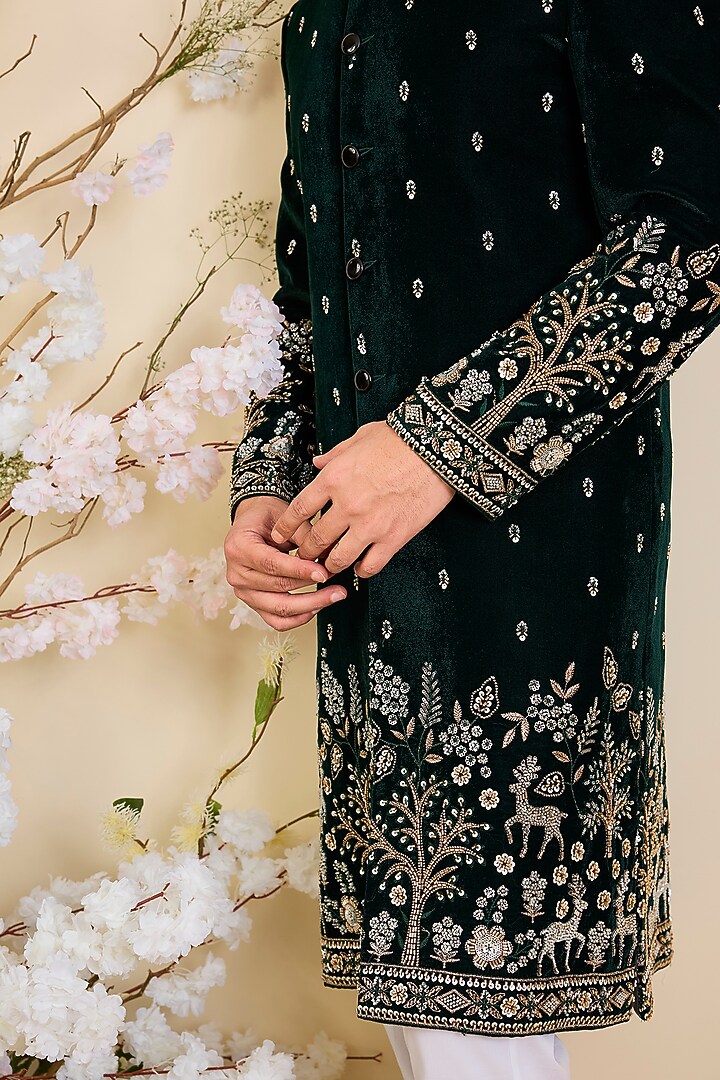 Bottle Green Hand Embroidered Kurta by Kasbah Clothing at Pernia's Pop Up Shop